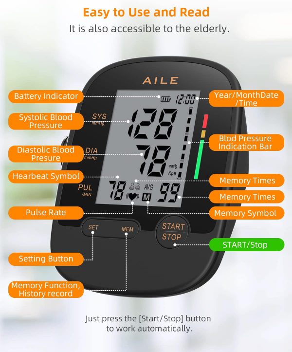 Blood Pressure Monitor for home use: AILE Blood Pressure Machine,Upper Arm Blood Pressure Cuff(8.7-16.5"Adjustable),Automatic BP Monitor,high Blood Pressure machine large Cuff,2*99 Memory,Easy to use - Image 3