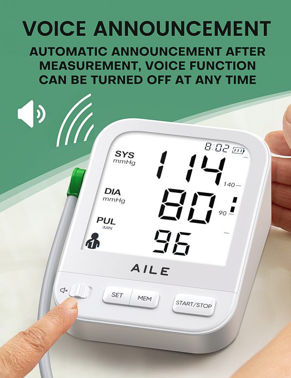 Blood Pressure Monitor for Home Use: AILE Blood Pressure Machine - Blood Pressure Cuff Arm(8.7-16.5' Adjustable) BP Monitor with Vioce Broadcast - Large LCD Backlit Screen Easy to Use - Image 5