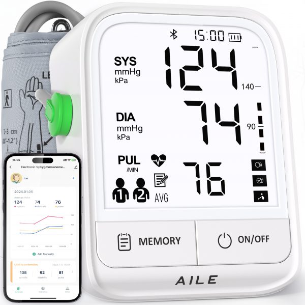 Upper Arm Blood Pressure Monitor: AILE Blood Pressure Machine for Home Use - Large Backlit Display and Voice Broadcast - Comfortable Blood Pressure Cuff - Compatible for iOS and Android Devices