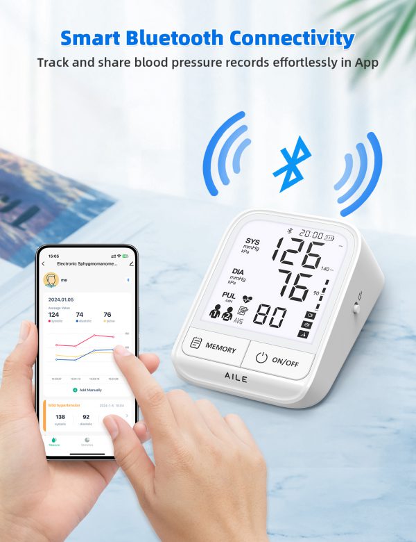 Upper Arm Blood Pressure Monitor: AILE Blood Pressure Machine for Home Use - Large Backlit Display and Voice Broadcast - Comfortable Blood Pressure Cuff - Compatible for iOS and Android Devices - Image 2