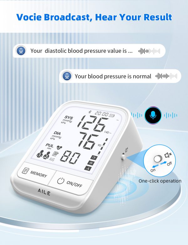 Upper Arm Blood Pressure Monitor: AILE Blood Pressure Machine for Home Use - Large Backlit Display and Voice Broadcast - Comfortable Blood Pressure Cuff - Compatible for iOS and Android Devices - Image 3