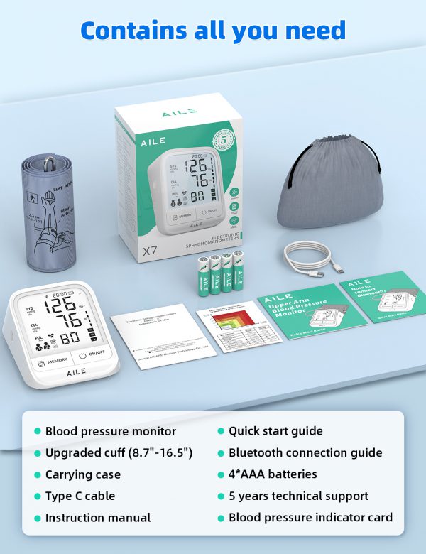 Upper Arm Blood Pressure Monitor: AILE Blood Pressure Machine for Home Use - Large Backlit Display and Voice Broadcast - Comfortable Blood Pressure Cuff - Compatible for iOS and Android Devices - Image 7